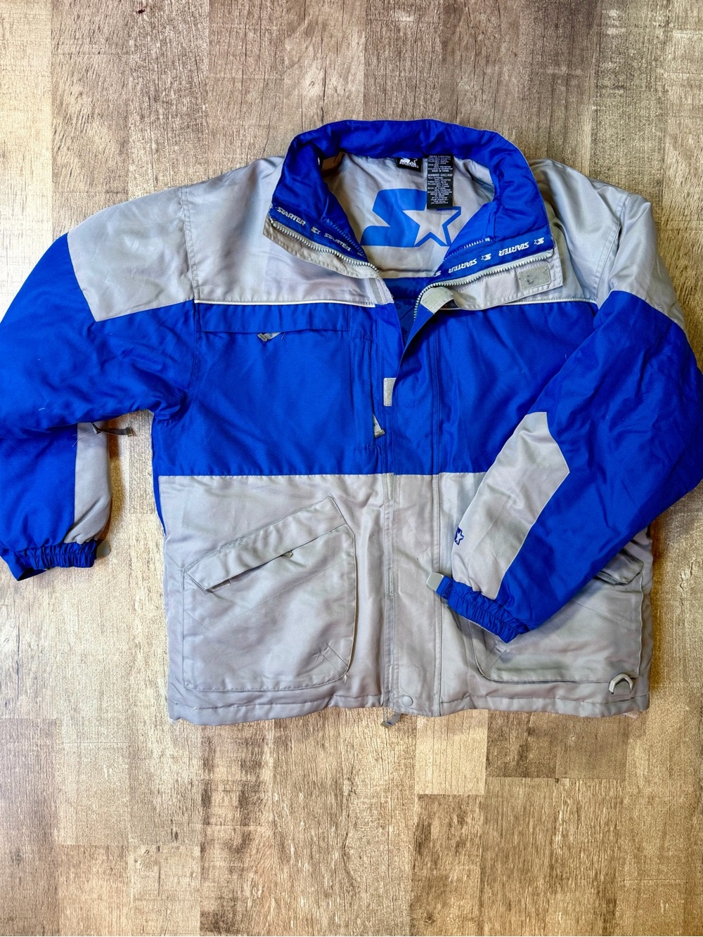Vintage Starter Heavy Winter Jacket Blue Grey Colorblock Zip Parka
